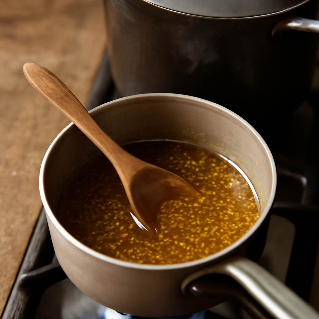 Glaze being prepared in a small saucepan while joint finishes poaching