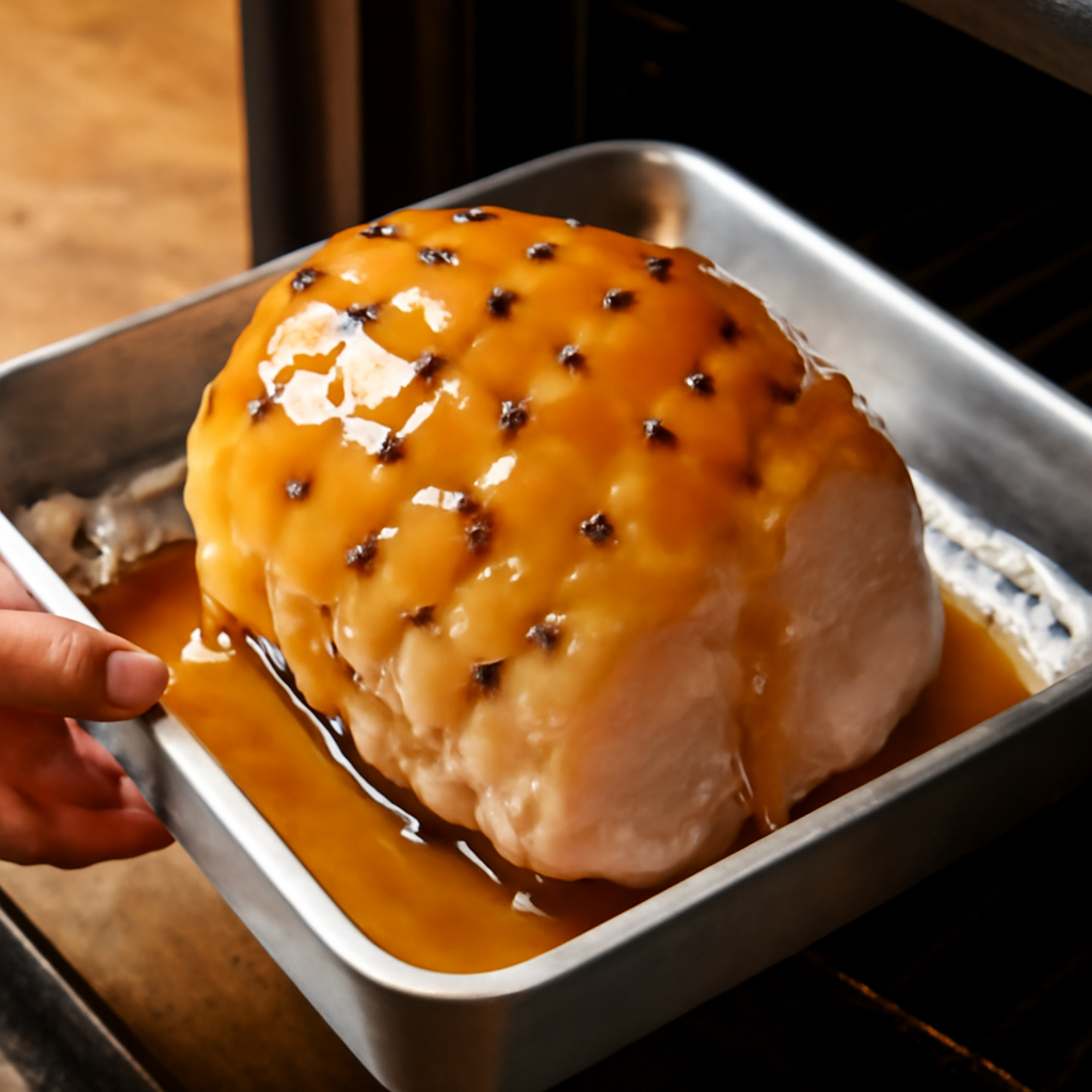 Scored and clove-studded joint in roasting tin with first coat of glaze applied, entering oven