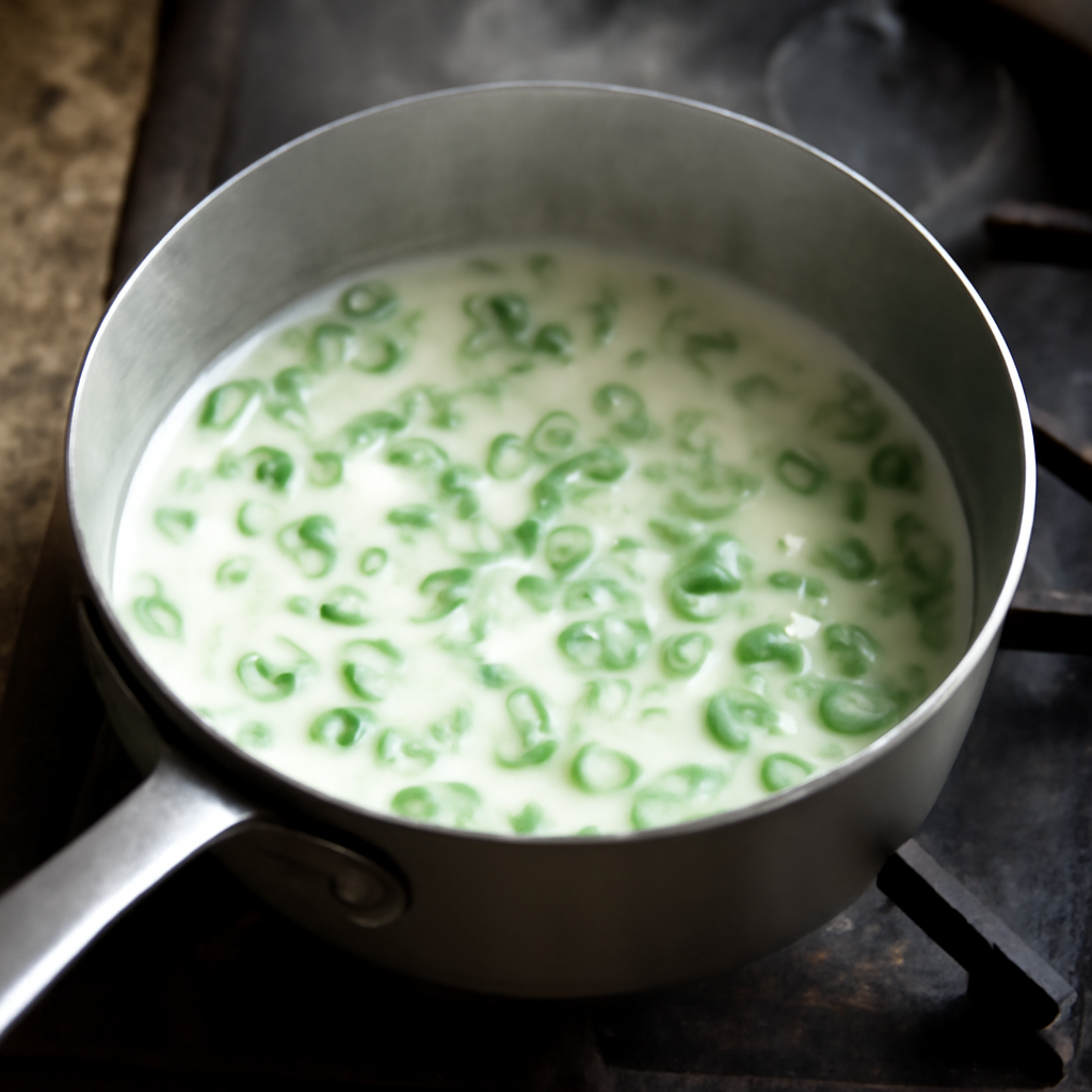 Warm milk and cream heating gently with sliced spring onions in a small saucepan, steaming but not boiling
