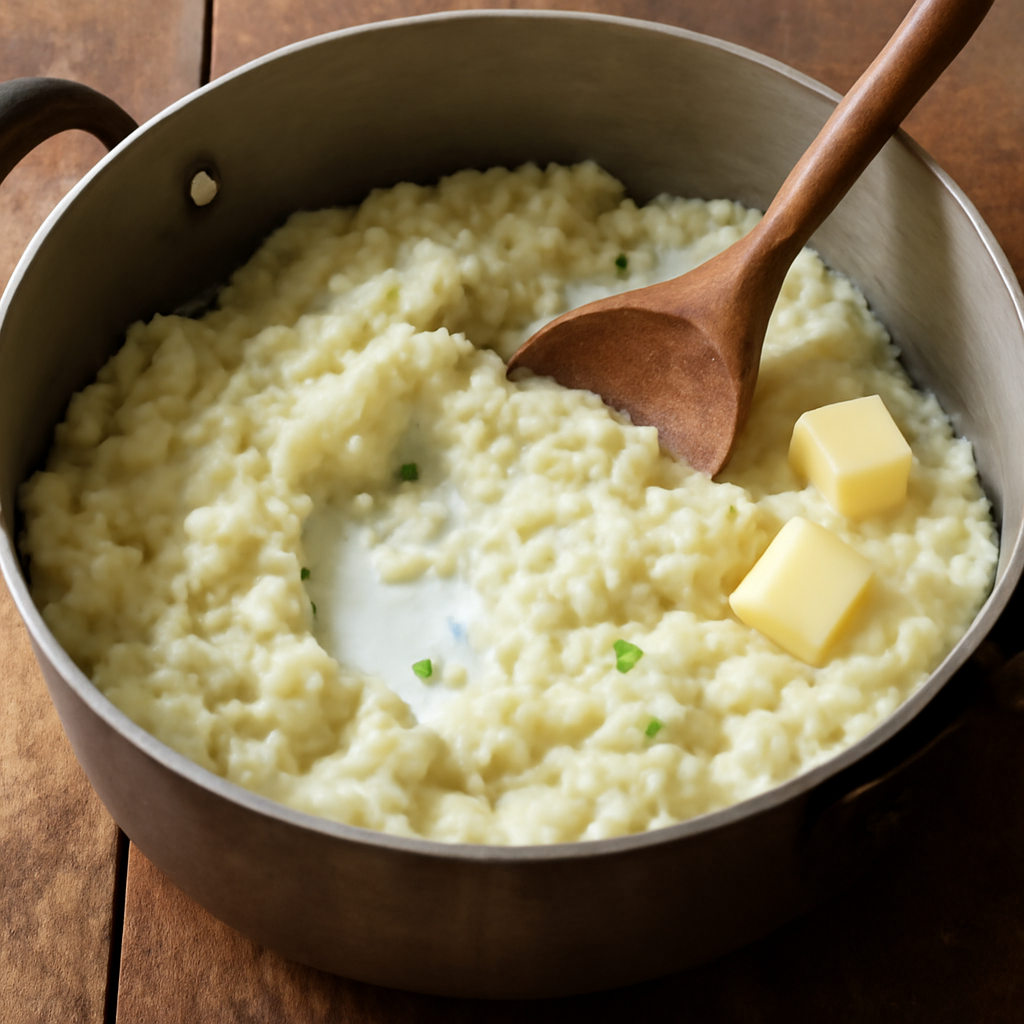 Riced potato being folded with warm spring onion cream and cold butter cubes in the saucepan, just before serving