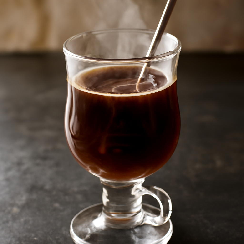 Adding sugar and hot coffee to the glass and stirring to dissolve