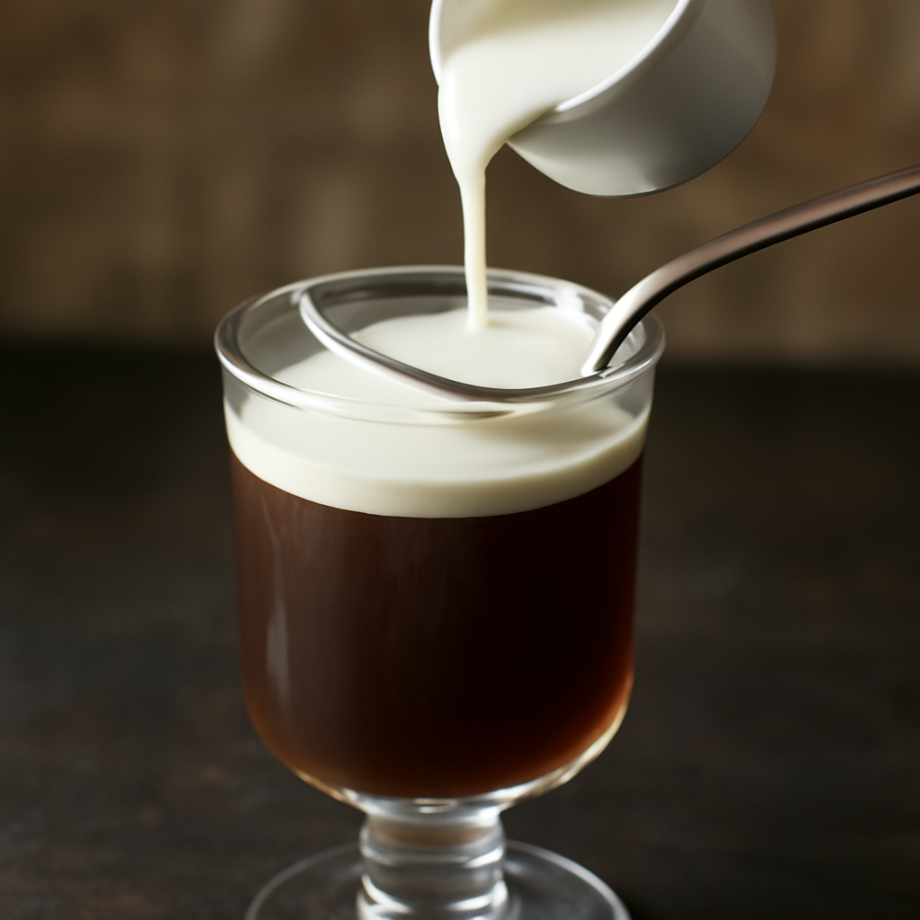 Pouring lightly whipped cream over the back of a spoon onto the coffee and whiskey