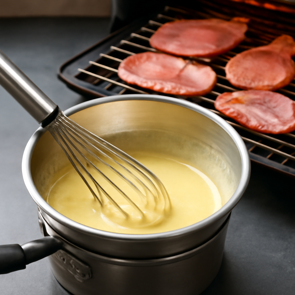Whisking hollandaise over bain-marie and grilling back bacon simultaneously