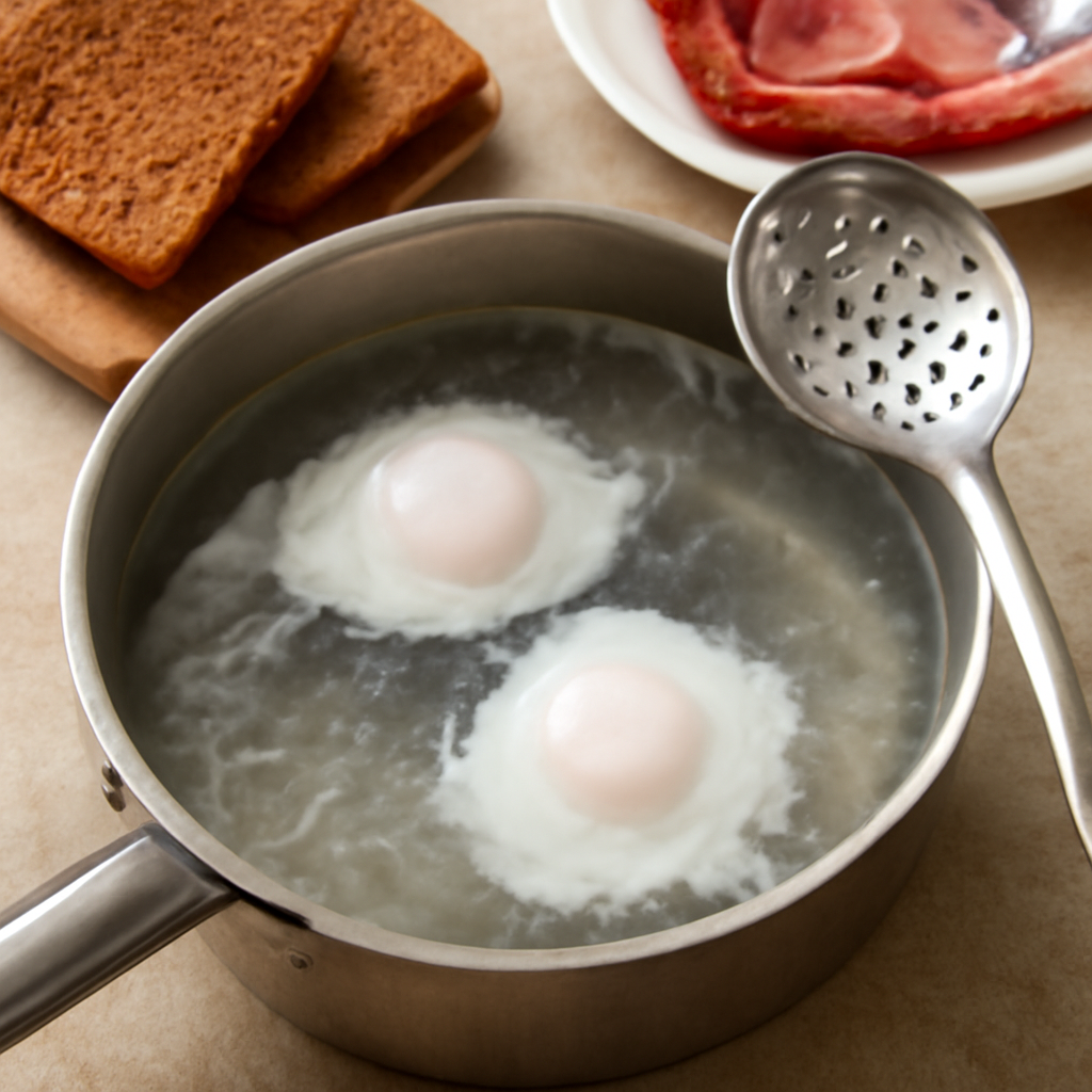 Poaching eggs in gently simmering water