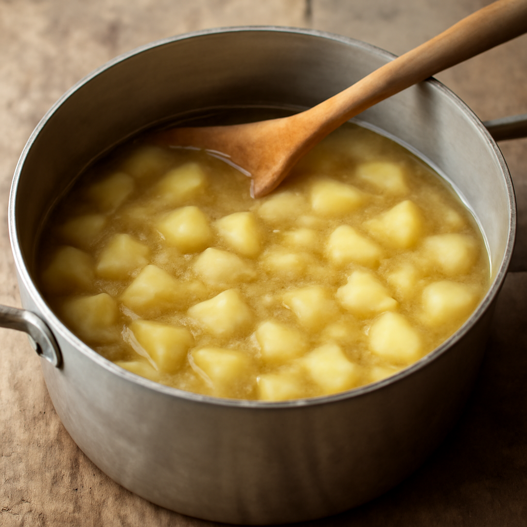 Softened onion and potato simmering in vegetable stock in a heavy saucepan