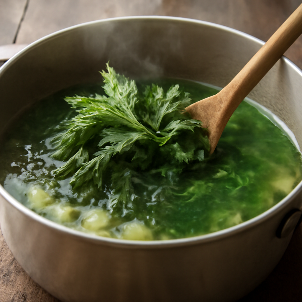 Fresh nettle tips added to the simmering pot, wilting and turning deep green
