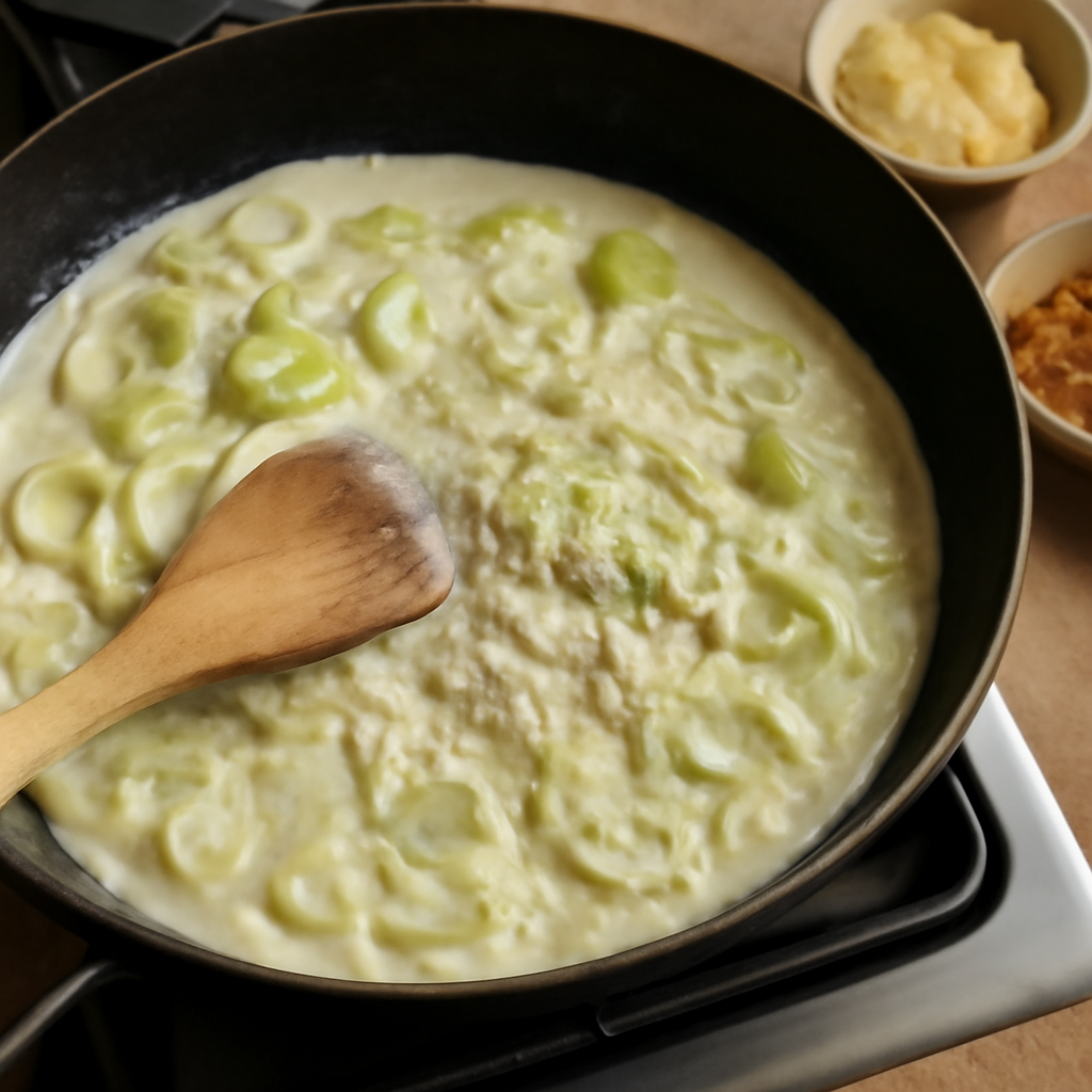 Making the mustard cream sauce with softened leeks and garlic in the frying pan