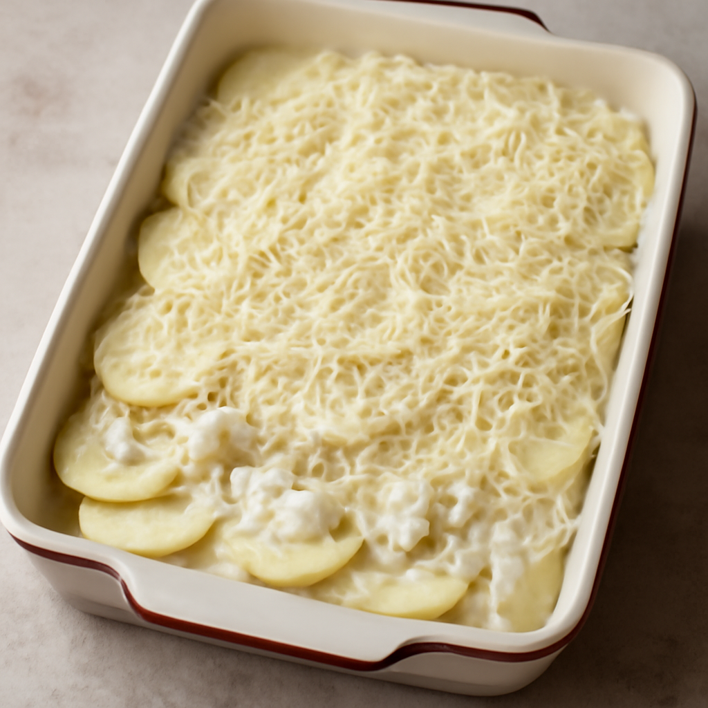 Assembling the final layer in the baking dish with cheese scattered on top, ready to go into the oven