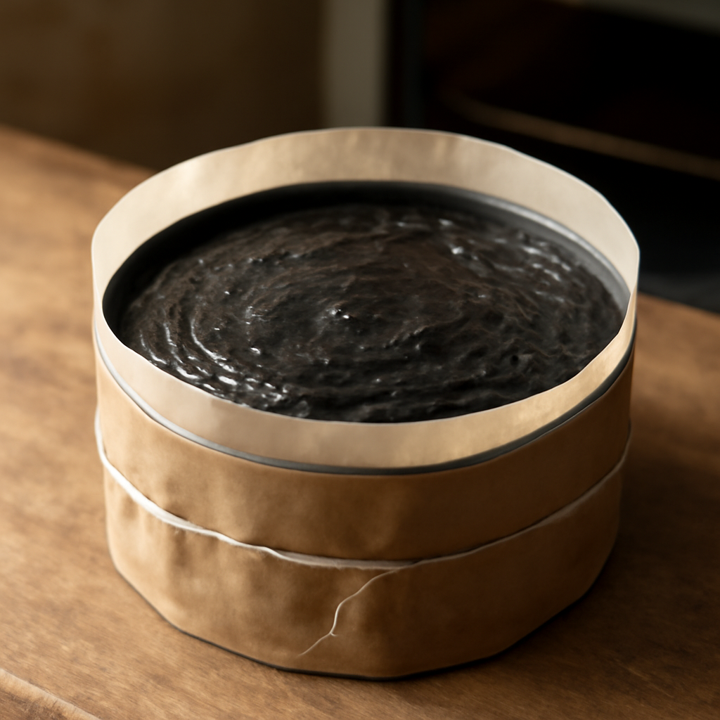 Batter spooned into lined tin, surface smoothed, tin wrapped in brown paper ready to go into oven