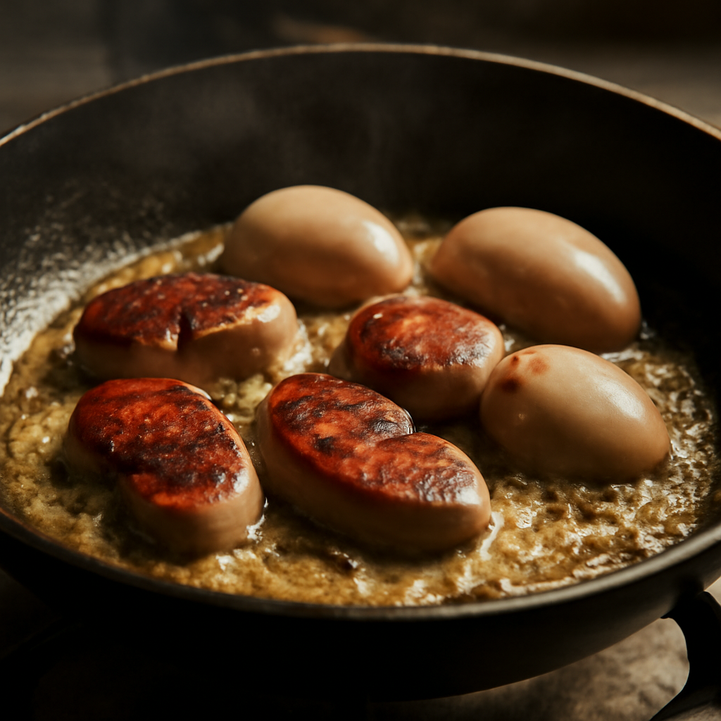 Sear kidneys cut-side down in hot butter and oil, developing a deep brown crust