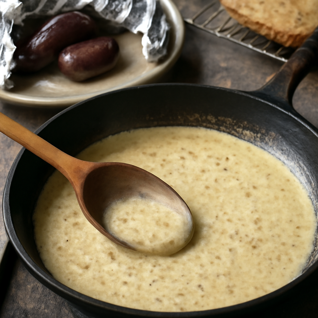Mustard cream sauce bubbling and reducing in the pan after whiskey, with kidneys resting off to the side