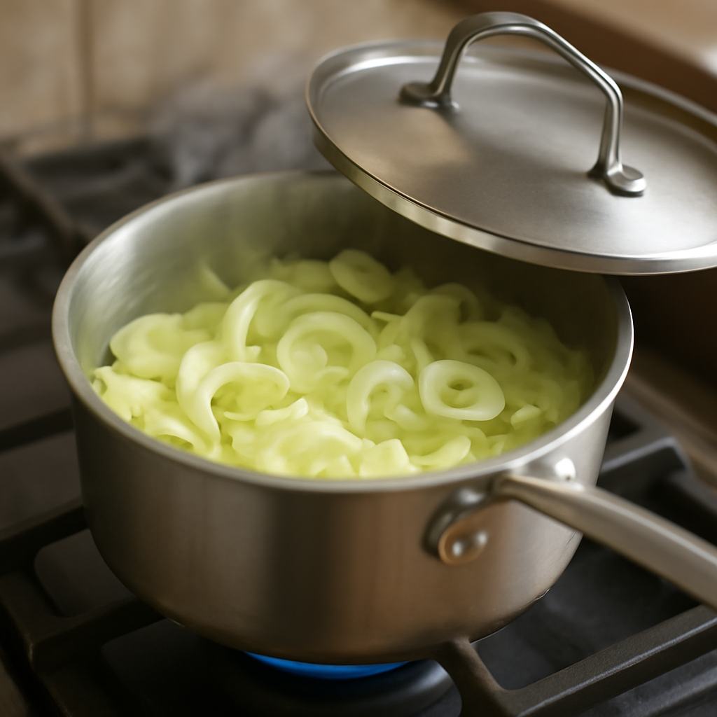 Sweating the leeks with softened onion and celery in butter
