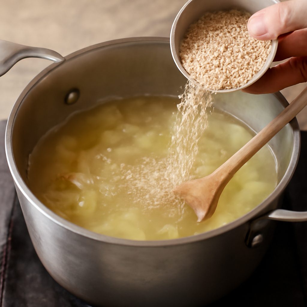 Adding the oatmeal to the simmering stock and leeks