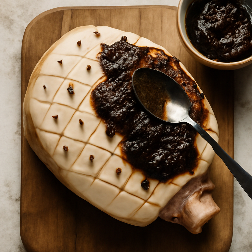 Skin peeled, fat scored in diamond pattern and studded with cloves, glaze paste being spread over the surface