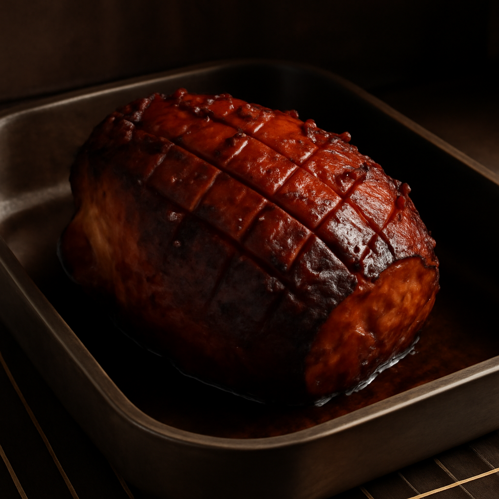 Ham roasting in oven at 200 Celsius, glaze setting and caramelising to a lacquered crust, just before removal