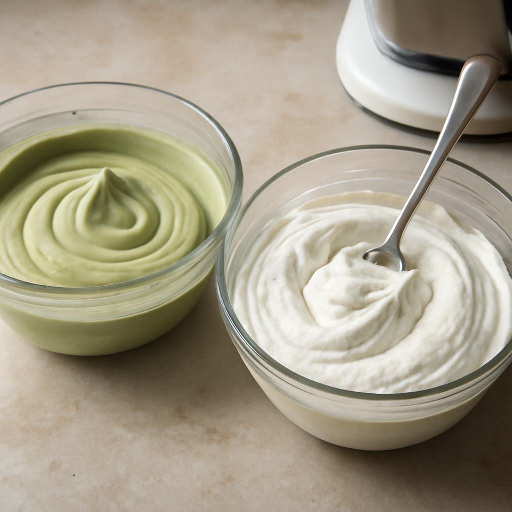 Folding matcha into one bowl of divided meringue and espresso into the second bowl
