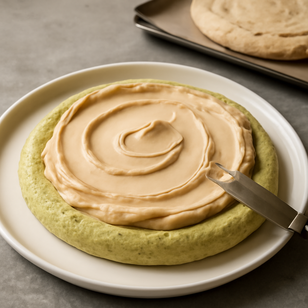 Spreading coffee mascarpone cream over the matcha meringue base before placing the second layer