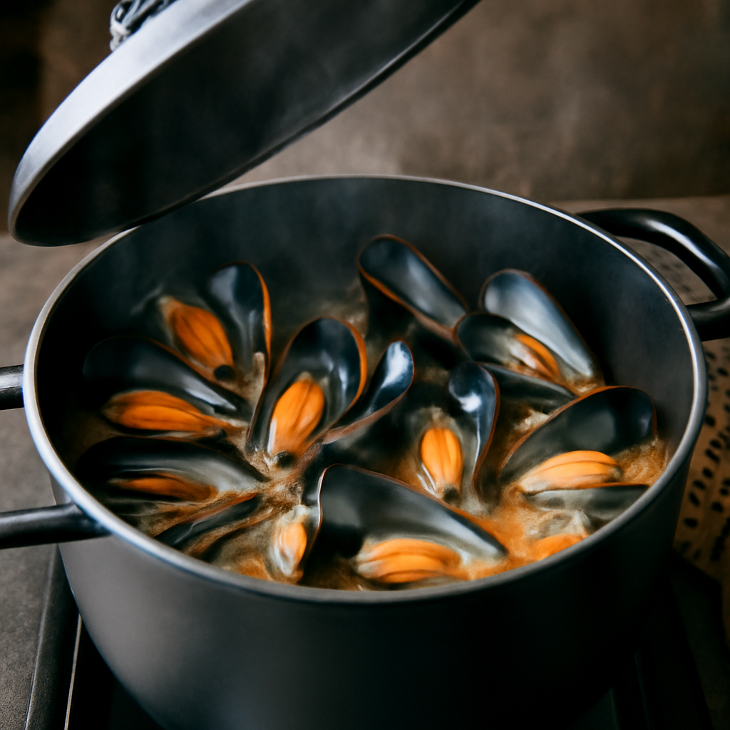 Mussels steaming open in the cider broth under the lid, just before finishing with crème fraîche
