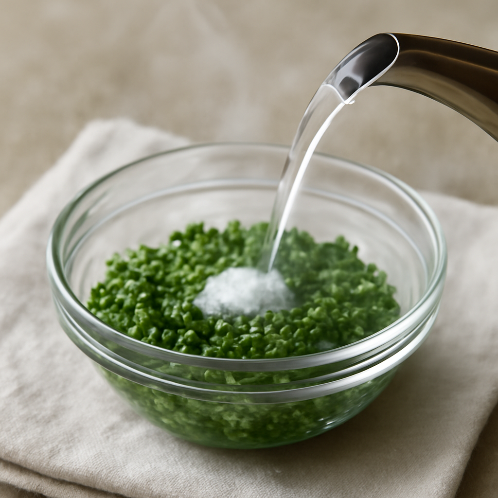 Pouring boiling water over the chopped mint and sugar in a heatproof bowl