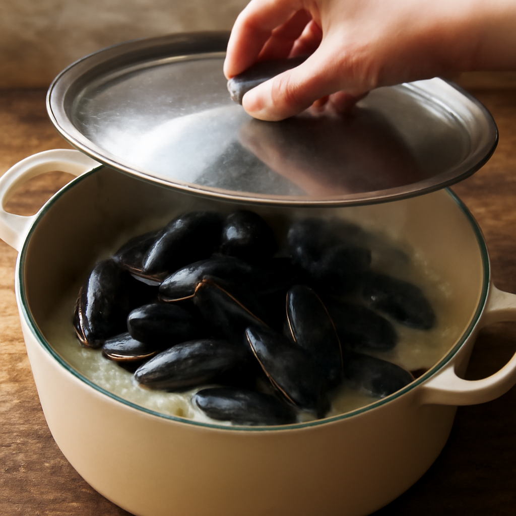 Mussels just added to the cream and onion broth and lid placed on the pot over high heat