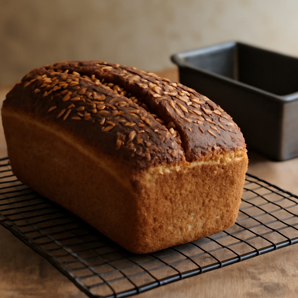Loaf freshly turned out of the tin onto the wire rack after baking