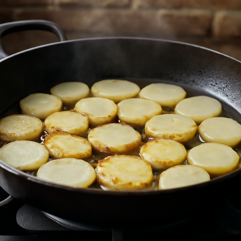 Frying potato slices undisturbed in hot oil until golden underneath