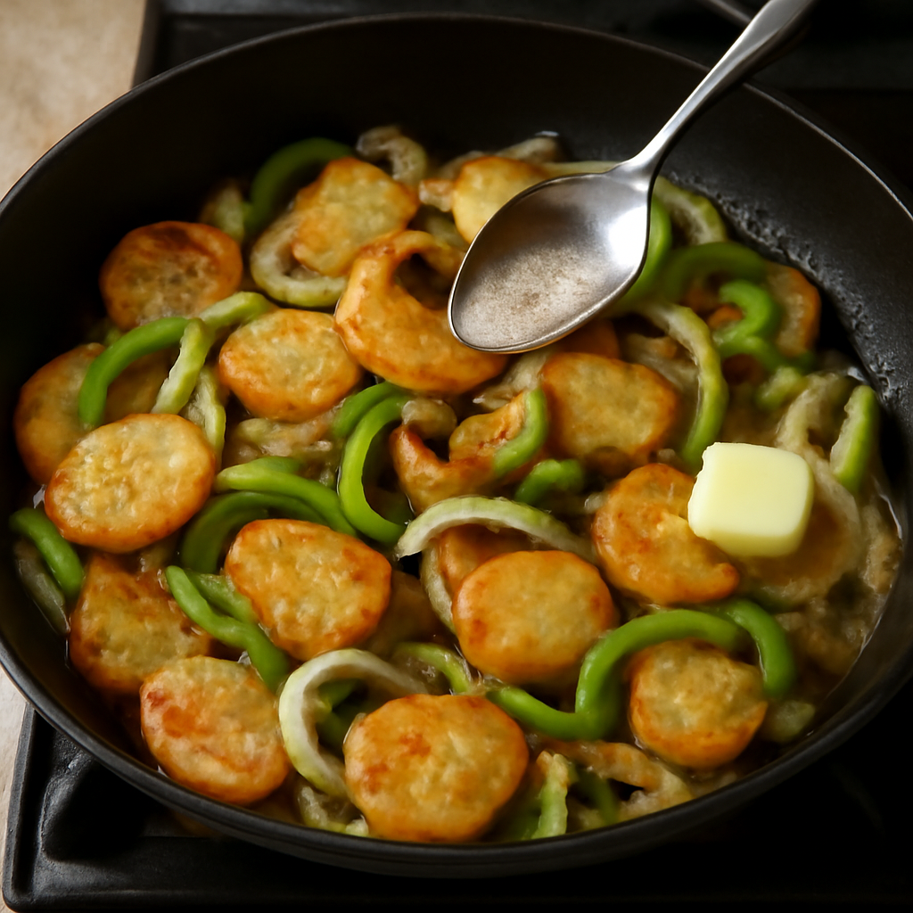 Onion and pepper added, seasoned, cooking together until soft with butter added at the end