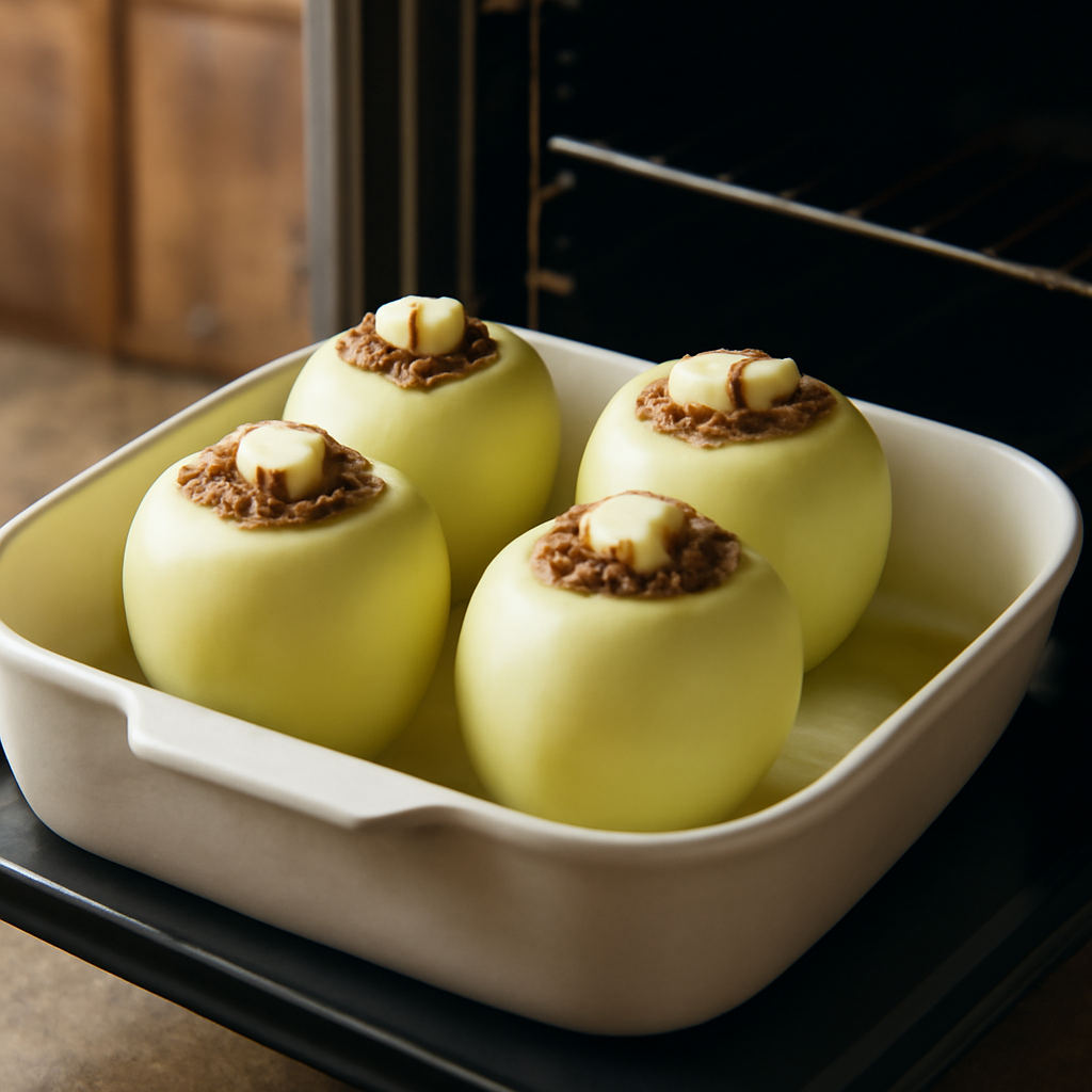 Stuffed apples in the baking dish going into the oven