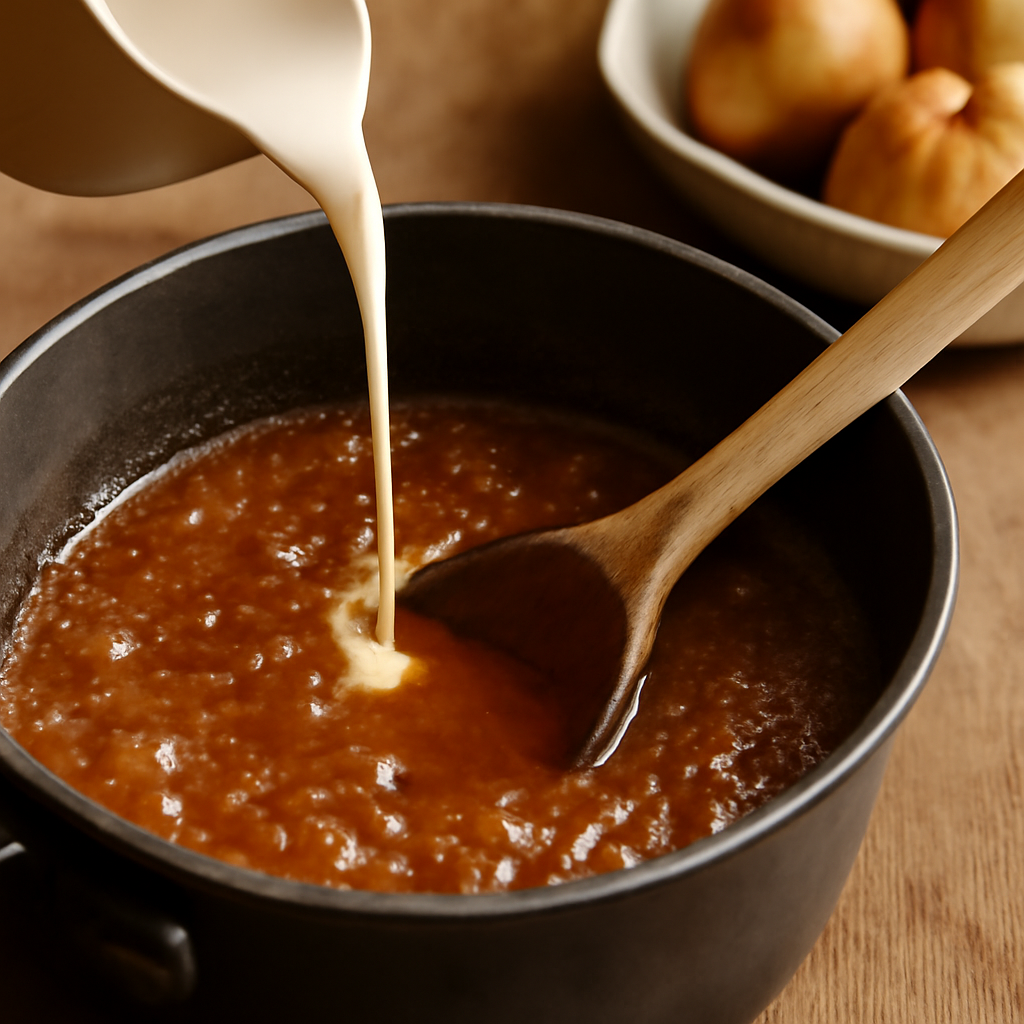Make the whiskey caramel sauce — butter and brown sugar bubbling in saucepan, cream being poured in, sauce thickening to a glossy coat