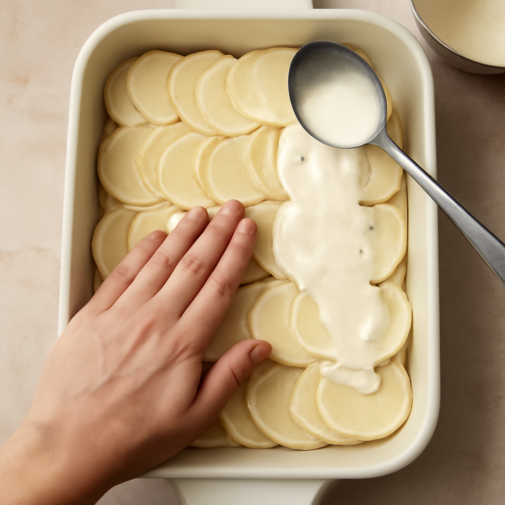 Layering parsnips and cream in the buttered dish