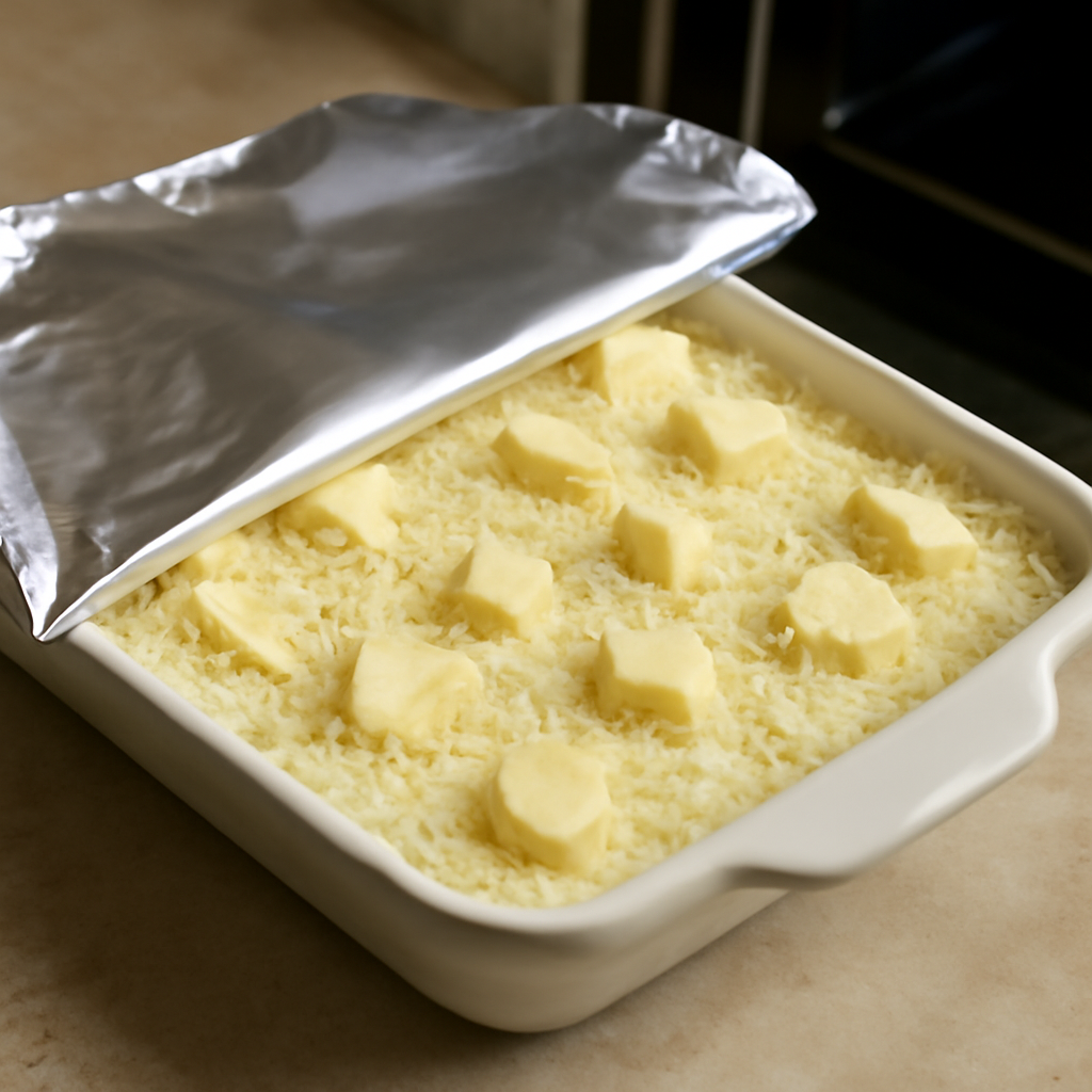 Cheese and butter added, dish covered with foil about to go into oven