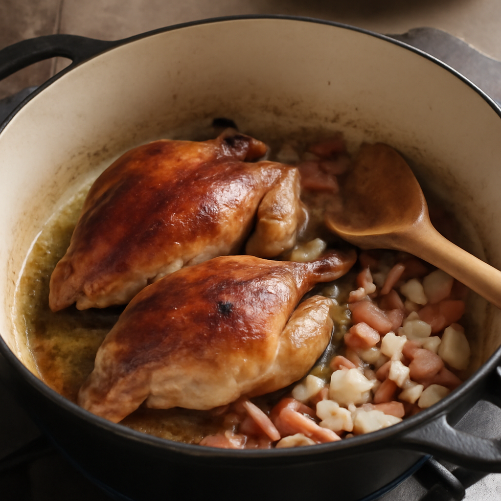 Searing the partridge skin-side down in the casserole and building the base with lardons and onion