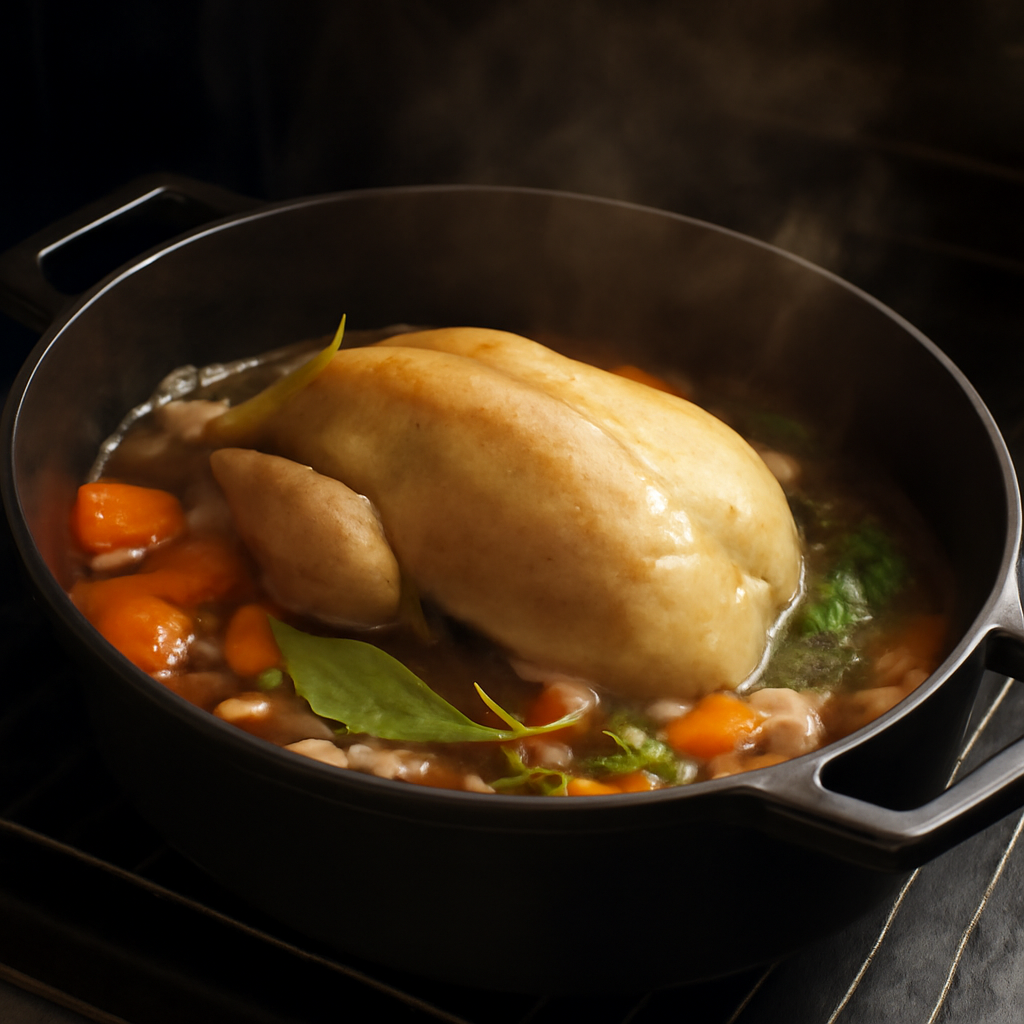 Pheasant braising in the casserole in the oven, lid removed for final browning