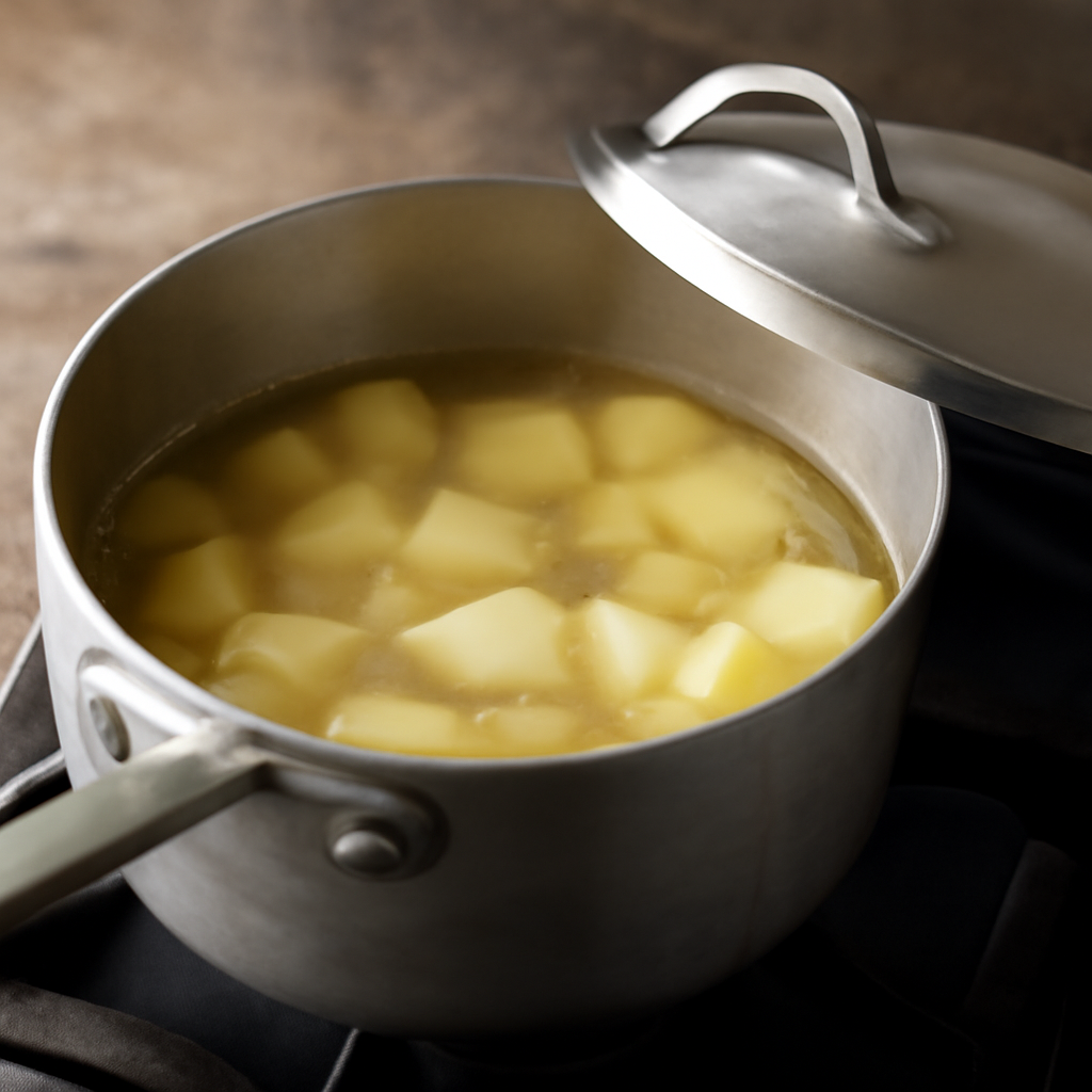 Simmering potatoes in stock