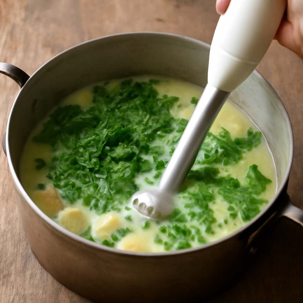 Adding chervil and blending the soup