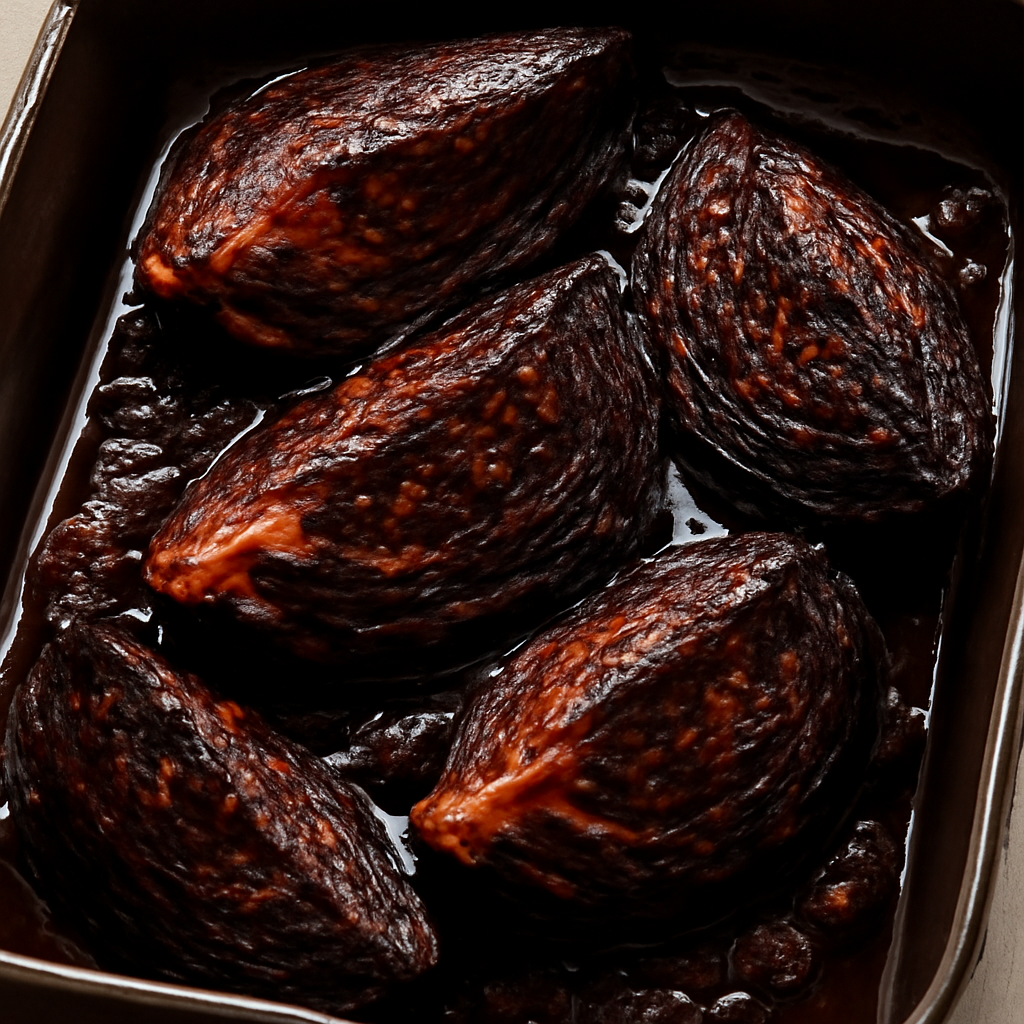 Fully roasted wedges in the tin just before transfer, both cut faces caramelised, pan juices reduced to a glossy dark glaze