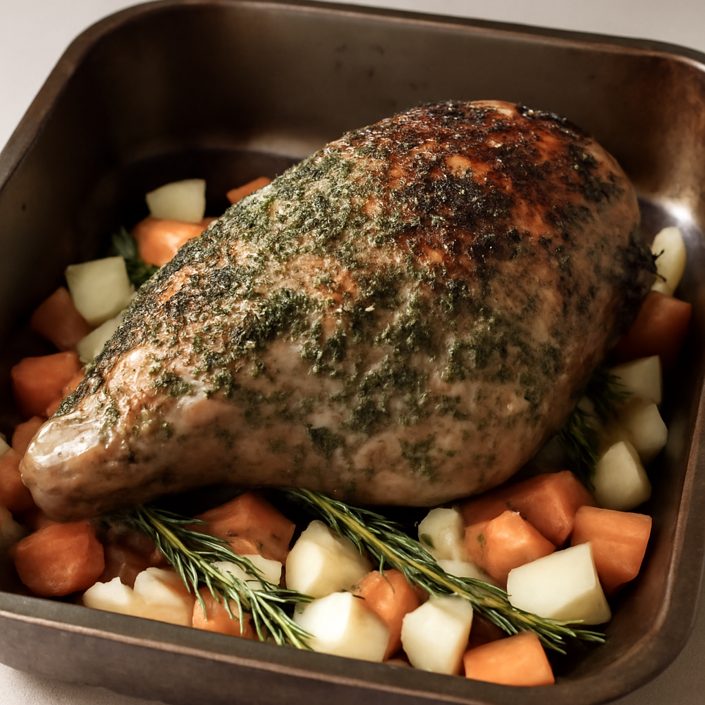 High-heat initial roast — herb crust beginning to colour and set