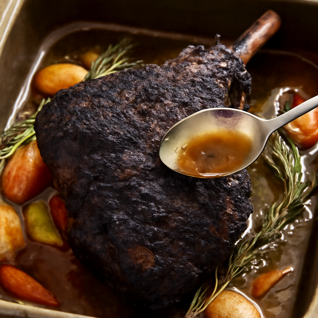 Slow roast nearing completion — basting with pan juices