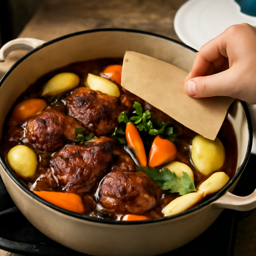 Build the braising base and return lamb to the pot with stout, stock, and aromatics before going into the oven