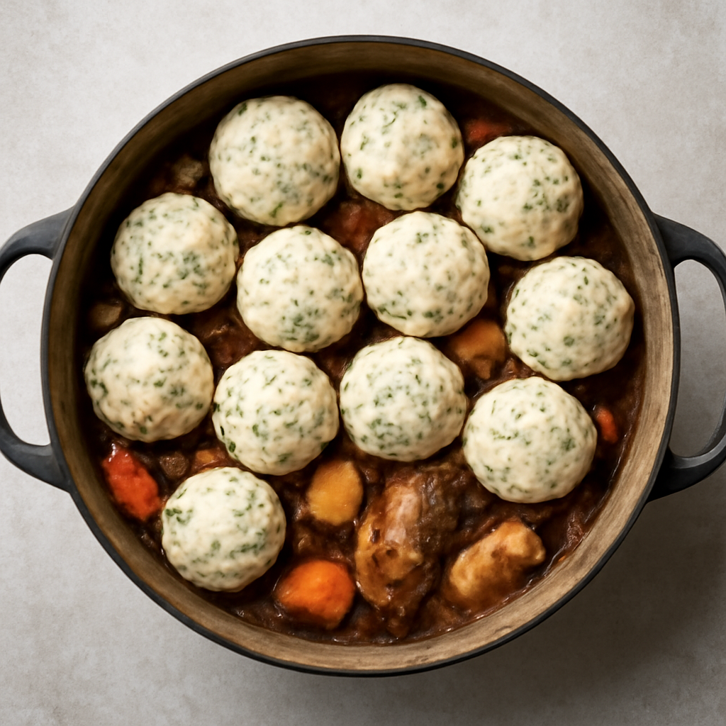 Arrange raw dumpling balls across the surface of the finished braise before the final uncovered oven bake