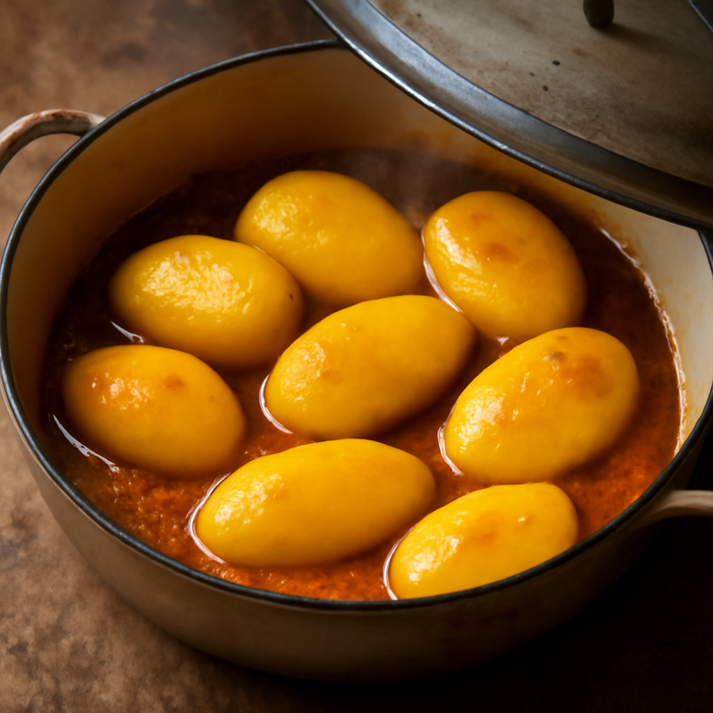 Potatoes simmering in saffron broth, nearly finished