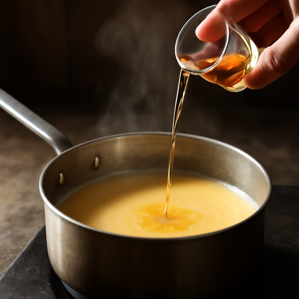 Pouring whiskey into the pan off the heat and stirring once to combine before serving