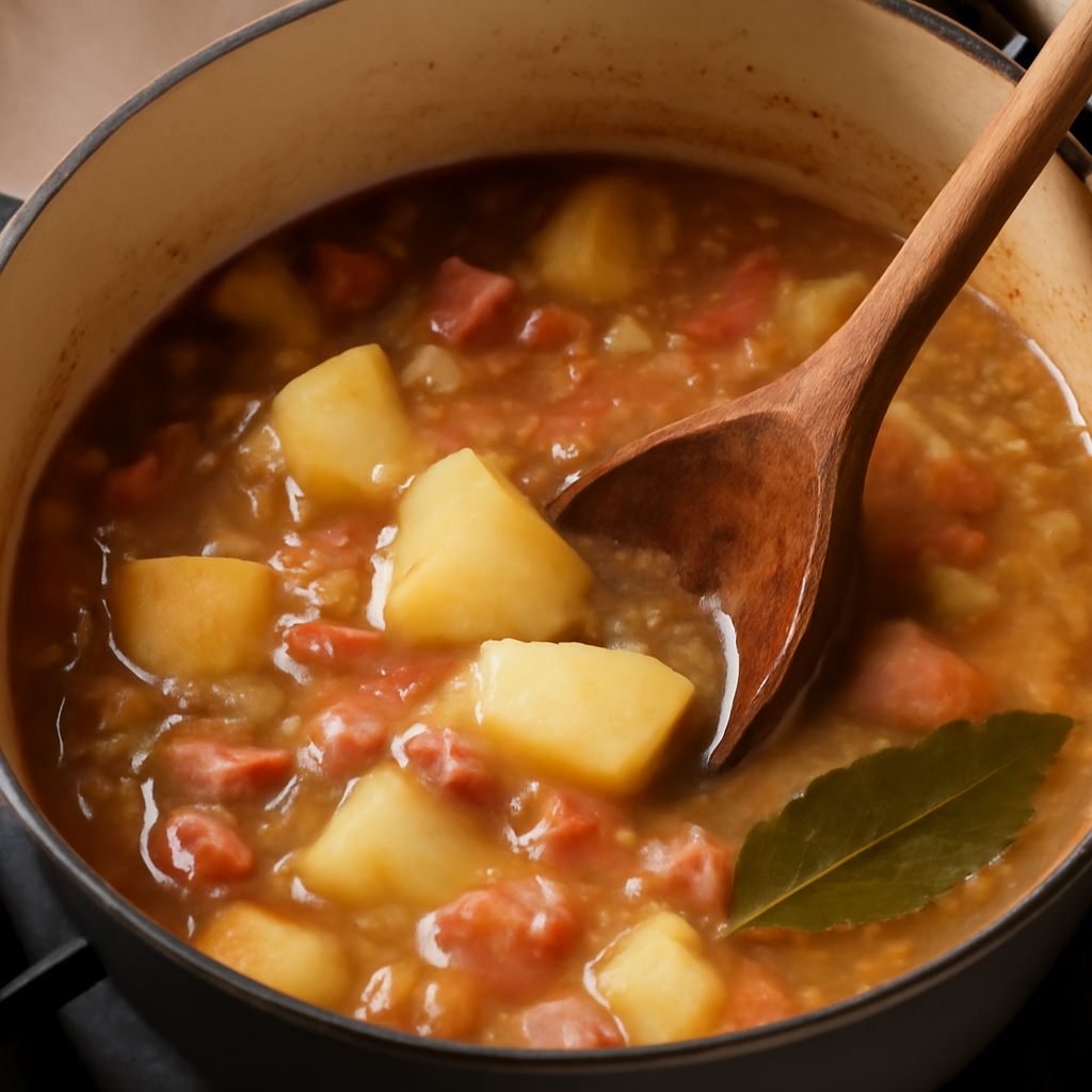 Potatoes and bacon simmering in the broth just before milk is added