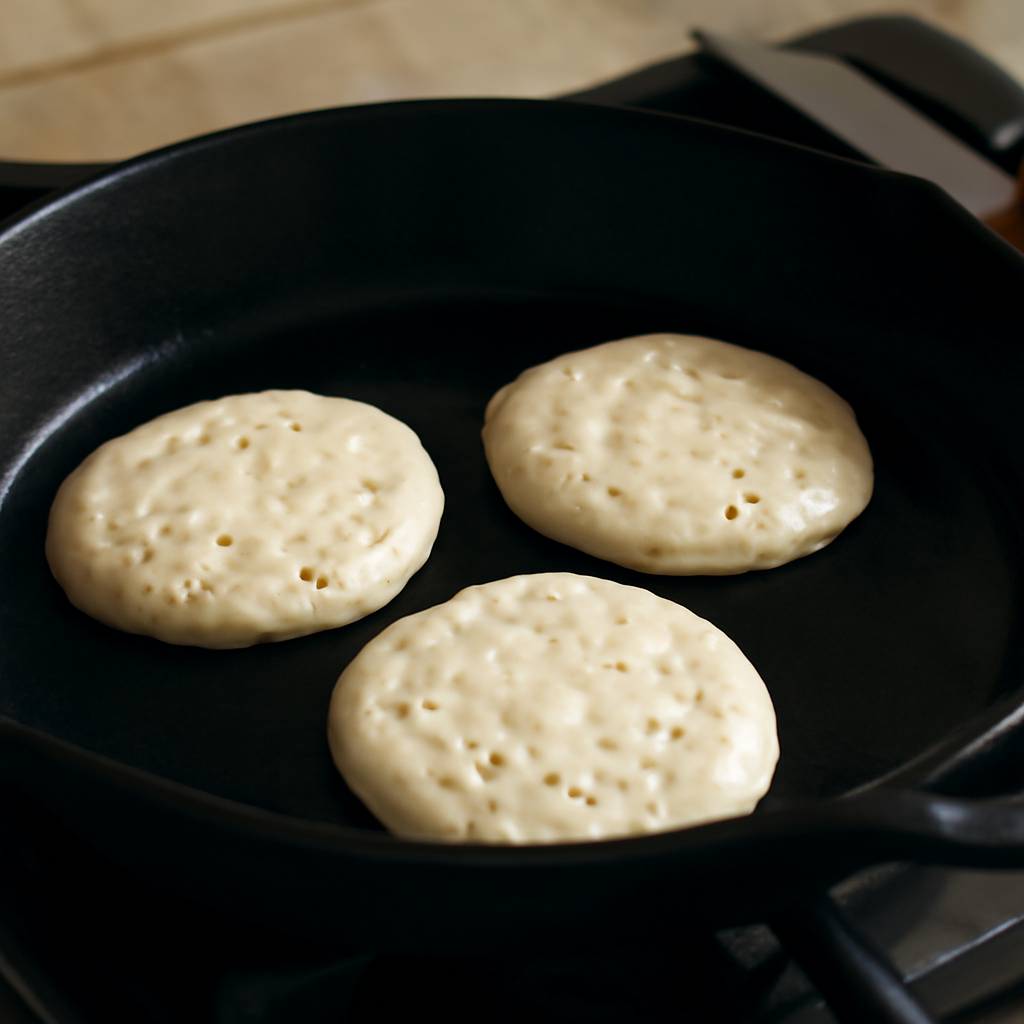 Dropping batter onto the dry hot griddle and watching bubbles form