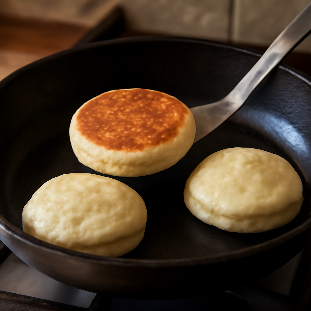 Flipping the scones to reveal the golden underside and finishing the second side