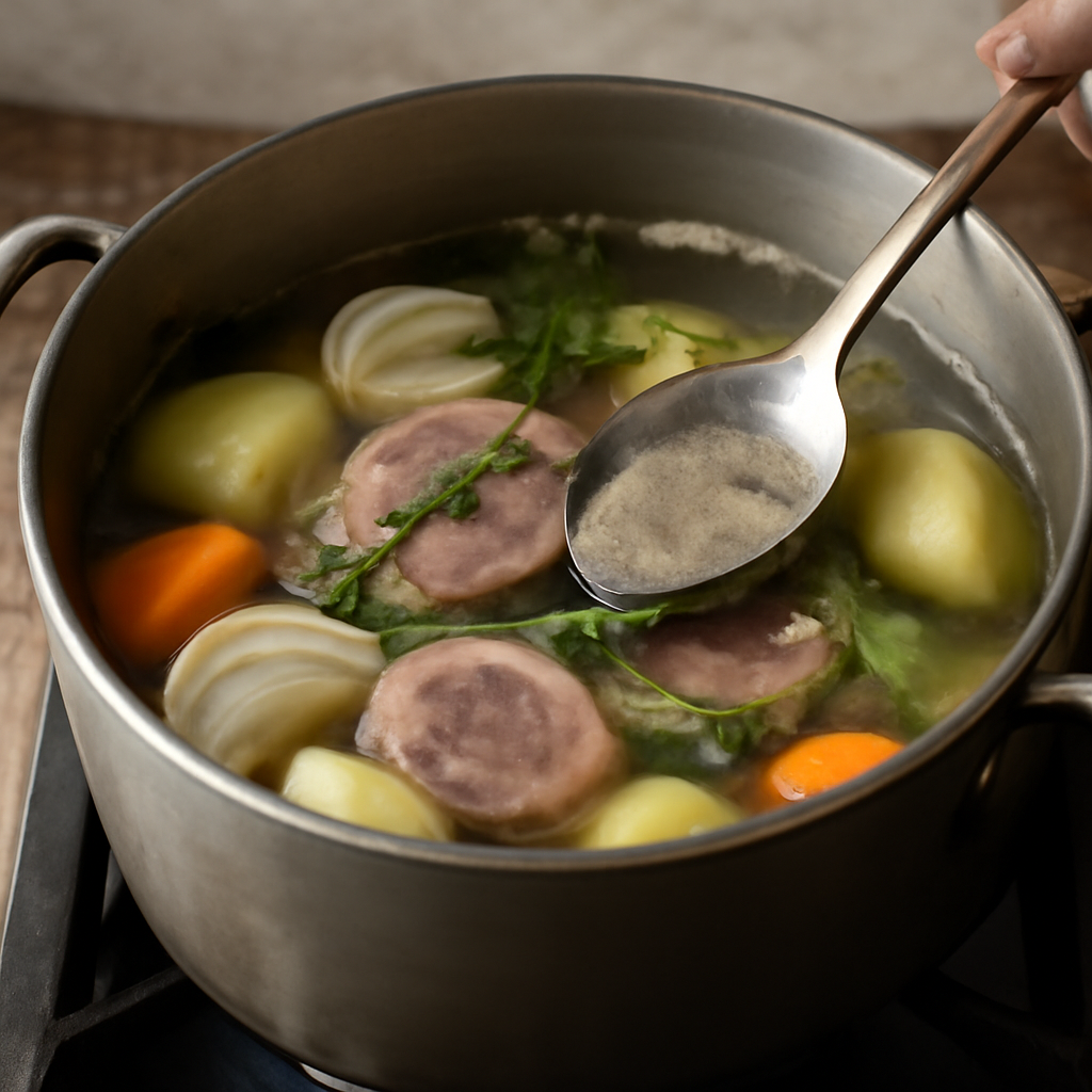 Cold water has been poured in, seasoning and herbs added, and the pot is on the heat coming slowly to the boil. Grey-brown foam is rising to the surface and is being skimmed off with a spoon.
