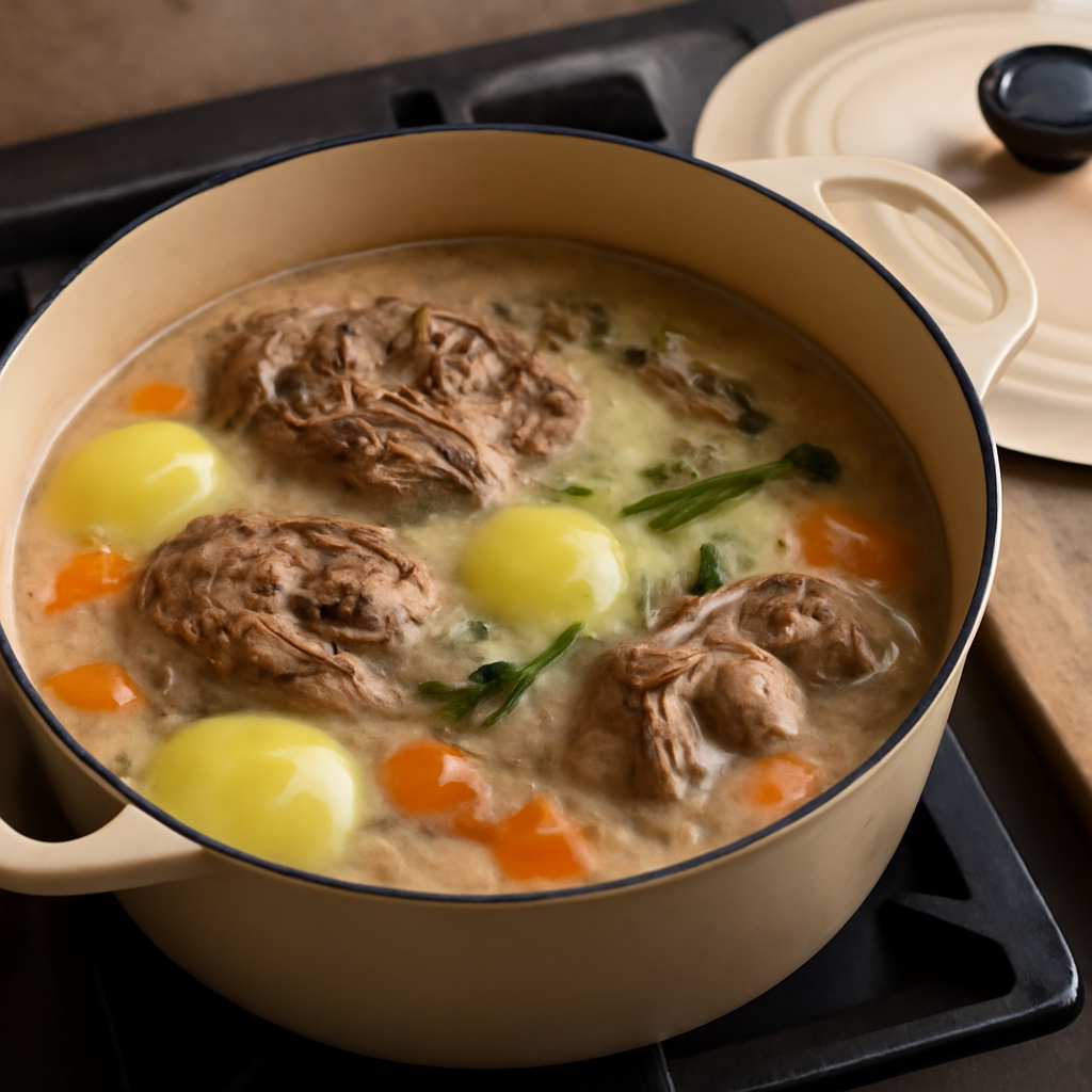 After 1 hour 45 minutes of low simmering, the lid has just been removed to reveal the finished stew in the pot: broth is opaque and lightly thickened, the lamb is visibly pulling from the bone, and fl
