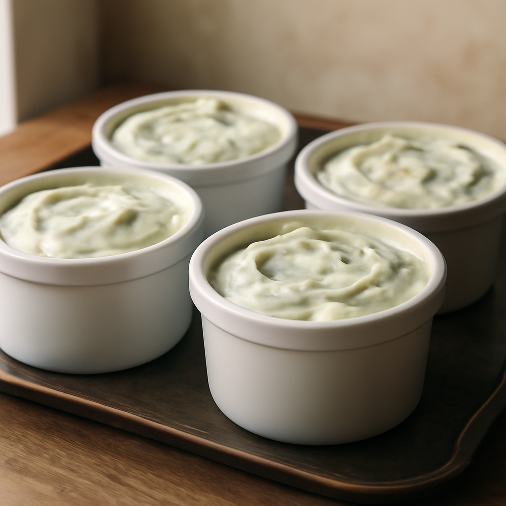 Filling ramekins with folded soufflé mixture before baking