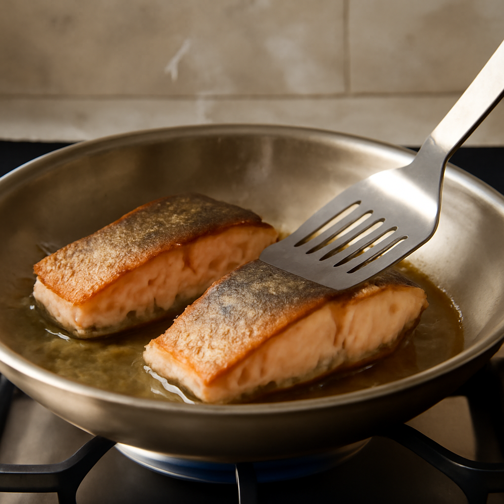 Sear salmon fillets skin-side down in hot pan