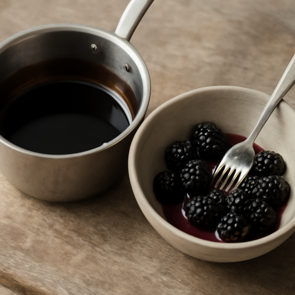 Stout syrup fully reduced and cooling; blackberries being crushed in a small bowl with a fork